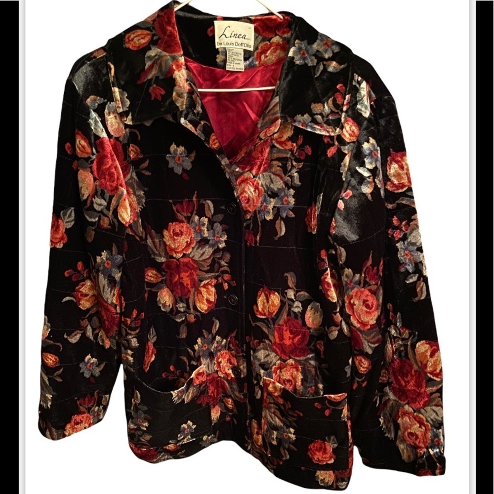 Linea By Louis Dell’ Olio Vintage Black with Bright Floral Velour Button Blazer